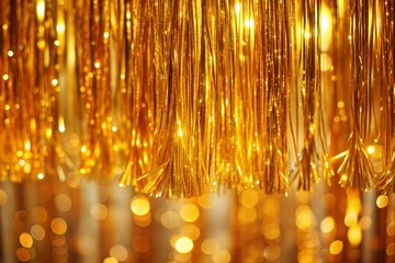 Canvas Print - festive golden streamers close-up with blurry lights background