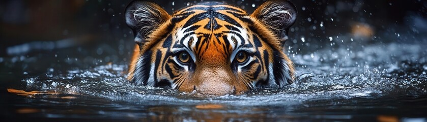 Tiger swimming in water, creating splashes