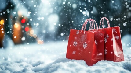 Christmas gift bags in snow, festive atmosphere, winter scene