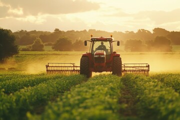 Tractor spraying pesticides on field