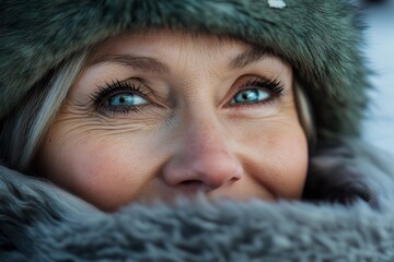 Poster - Close-up of a woman's face, looking up, with blue eyes, wearing a fur hat and scarf.