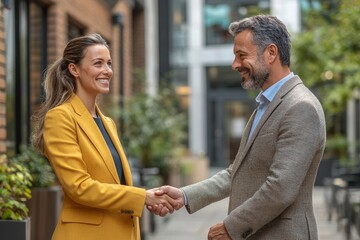 Canvas Print - Happy confident company leaders meeting near office building. Business man and women shaking hands with each other outside in city. Dealing concept, Generative AI