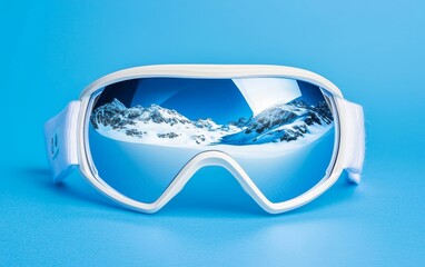 Close-up of modern ski goggles with a perfect reflection of snowy peaks and blue sky, representing the excitement of outdoor winter activities