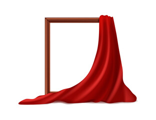 curtain reveal empty frame or picture, red velvet silk cloth opens hidden object. vector illustratio