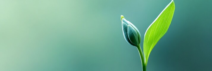 a close-up view of a budding green plant with two leaves reaching upwards. this image captures the e