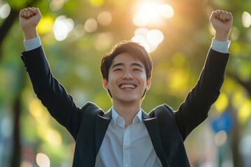 Canvas Print - Celebrating success arms raised. Cheerful Asian business man celebrating success outdoors, Generative AI