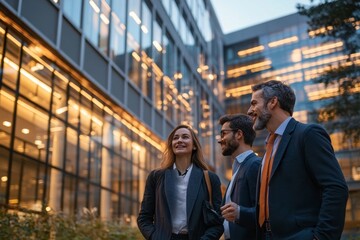 Wall Mural - Business people talking in front of office building, Generative AI