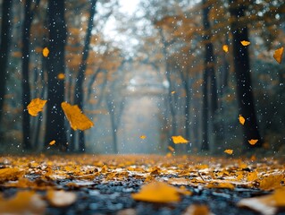 landscape autumn rain drops splashes in the forest background, october weather landscape