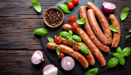 Wall Mural - Raw sausages surrounded by fresh cooking ingredients on a sleek black stone tabletop