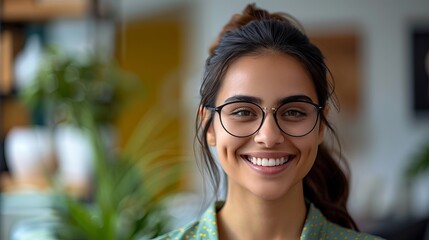 cheerful woman wearing glasses, smiling confidently in a warm, modern environment filled with greenery and natural light.