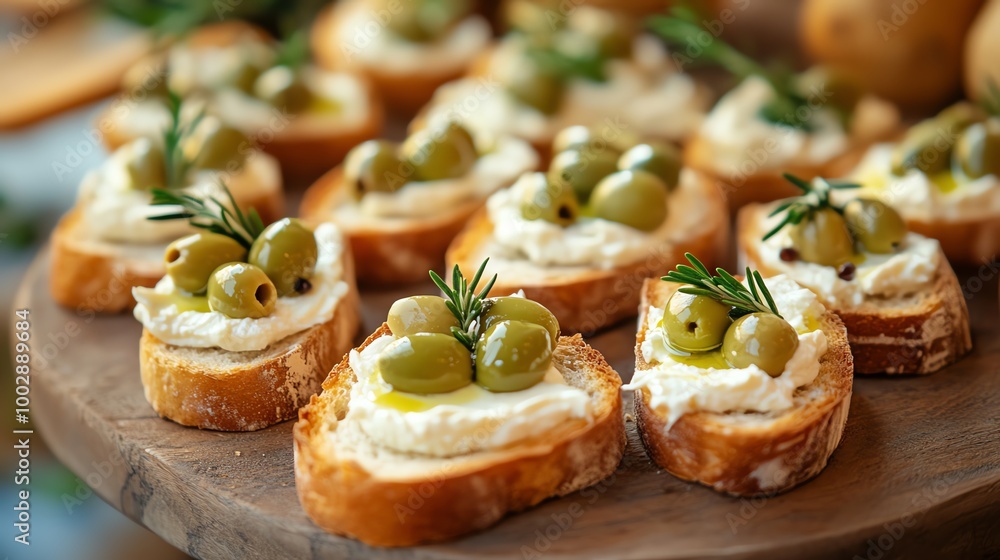 Crunchy bread crostini with soft cheese spread and olives, shot in warm ...
