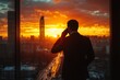 © Visual Odyssey - Silhouette of a hispanic businessman talking on the phone while standing near a panoramic window of a luxury office skyscraper with a roadway and a high-rise with a spire outside, Generative AI