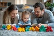 © Just Bella - Young nuclear family playing with toys in a living room. Parents and children lying on floor, looking at children's story book, spending weekend day, Generative AI