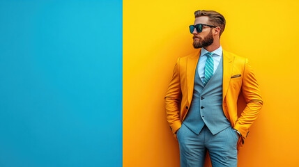 A fashionable man stands with his hands in his pockets, wearing a bright orange suit paired with a light blue shirt and sunglasses