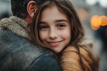 Teenage daughter hugging her father outside in town when spenidng time together, Generative AI