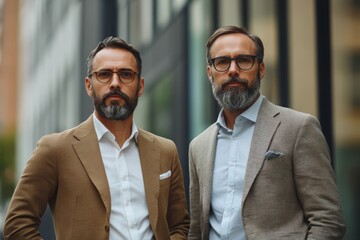 Canvas Print - Portrait closeup of two concentrated businessmen partners walking together outside job center during working meeting, Generative AI