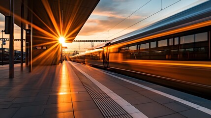 Blurred motion of a train passing, capturing urban life and travel themes.