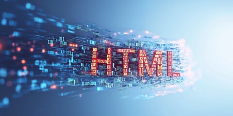 Glowing HTML text surrounded by data fragments, symbolizing web development, digital technology, and the vibrant world of programming and internet coding., Generative AI