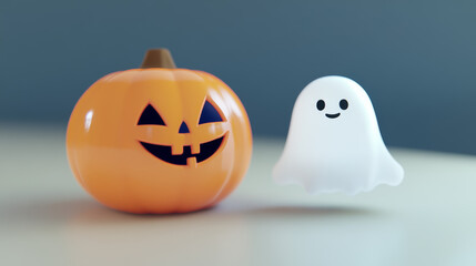 It's Halloween! A friendly orange pumpkin with a spooky smile sits beside a silly white ghost. This festive 3D design is perfect for a Halloween party.