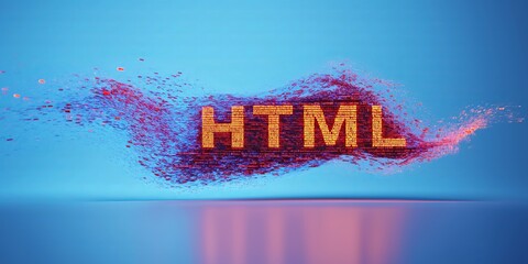 Glowing HTML text surrounded by data fragments, symbolizing web development, digital technology, and the vibrant world of programming and internet coding., Generative AI
