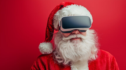 Santa Claus with Virtual Reality Glasses and Red Background