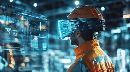 A worker using augmented reality technology to interact with digital displays in an industrial setting.