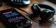 © Ben - Smartphone with podcast display and headphones, showcasing digital audio streaming, entertainment, and modern mobile podcasting technology., Generative AI