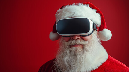 Santa Claus with Virtual Reality Glasses and Red Background