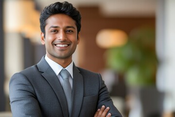 Wall Mural - Happy indian business man in suit in modern office, Generative AI