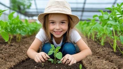 Canvas Print - A young girl smiling while kneeling in a garden with plants, AI