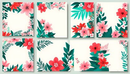 Wall Mural - Vibrant Vector Cards Featuring Leaves and Flowers for Social Media, Advertising, and Promotional Templates with Text Space