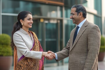 Wall Mural - Indian business people, man and woman, shaking hands against the corporate building, Generative AI