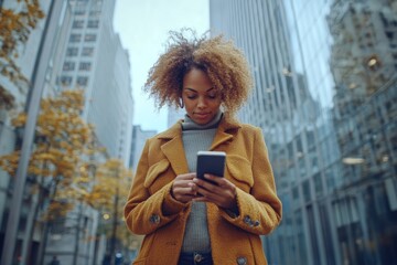 Wall Mural - Powerful woman multitasking with her phone and laptop while standing outside among towering office buildings, Generative AI