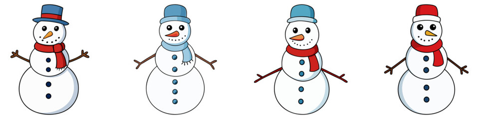 Wall Mural - snowman icons set. cartoon character snowman. snowman with hat and scarf. christmas decor. vector il