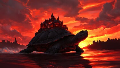 A giant turtle with a castle on its back swims under a vibrant sunset sky.