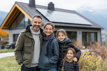 Happy family in front of their house with solar panels on the roof, Generative AI