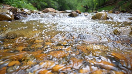 Close-up view of a clear, shallow stream flowing over smooth, brown rocks.