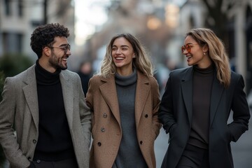 Canvas Print - Three cheerful young business people talking to each other while walking outdoors, Generative AI