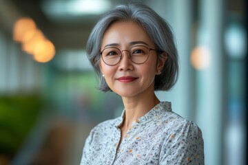 Canvas Print - Successful asian senior businesswoman leader standing over modern pathway background, Generative AI