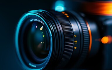 Close-up of a professional camera lens, sleek design and smooth focus rings illuminated by dramatic lighting, evoking the art of visual storytelling