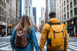© DachAI - A couple walking down a bustling city street, their contrasting backpacks and outerwear reflecting individuality amidst urban hustle and bustling environment.