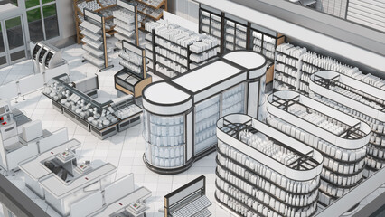 Wall Mural - Retail floor plan mockup with shelves of blank goods, refrigerators, cash counters. 3d illustration