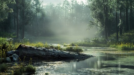 Canvas Print - Tranquil Forest River Scene with Sunlight and Fog