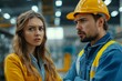 © Just Bella - Supervisor, manager scolding employee in modern industry factory. Worker making mistake. Production manger is angry, dissatisfied for worker's poor quality work, safety, Generative AI