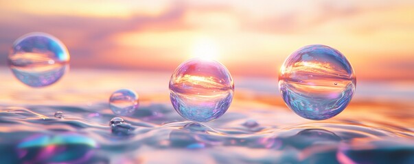 Wall Mural - Bubbles floating on water surface at sunset