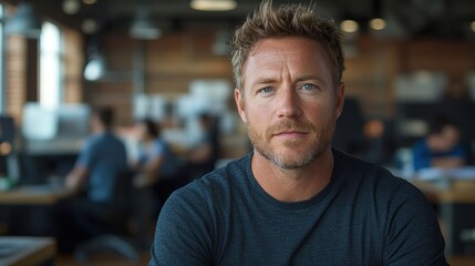 Wall Mural - A professional setting featuring a focused male in casual attire with office background where colleagues are engaged in work activities