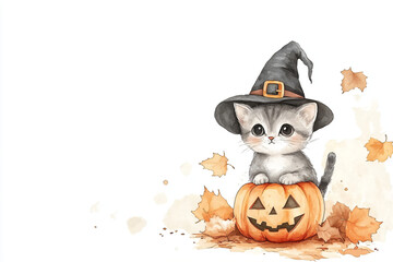 Halloween cute kitten in witch hat on white background. Funny cat sitting on spooky pumpkin jack o lantern. Watercolor cartoon illustration for greeting card, banner, poster