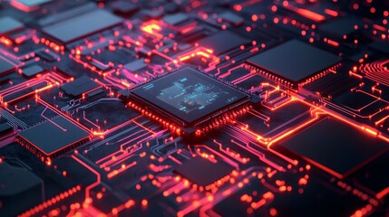 Creative circuit chip wallpaper. AI and computing concept. 3D Rendering