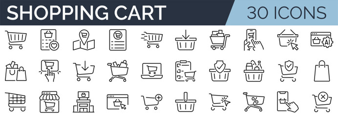 Set of 30 outline icons related to shopping cart, shopping  basket, shopping  bag. Linear icon collection. Editable stroke. Vector illustration