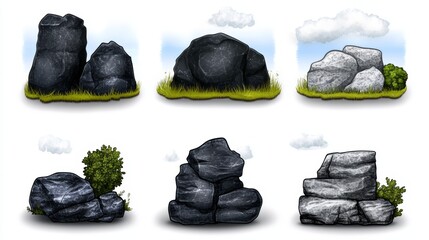 A collection of six cartoon-style rocks, in various arrangements, against a white background.